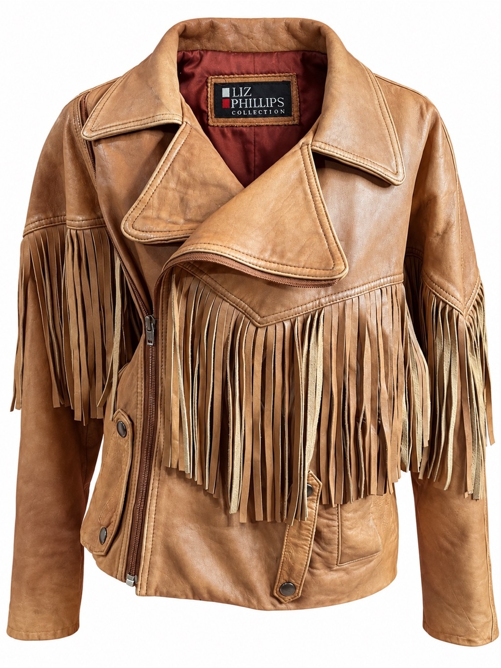 Liz Phillips Tan Fringe Leather Jacket for Women